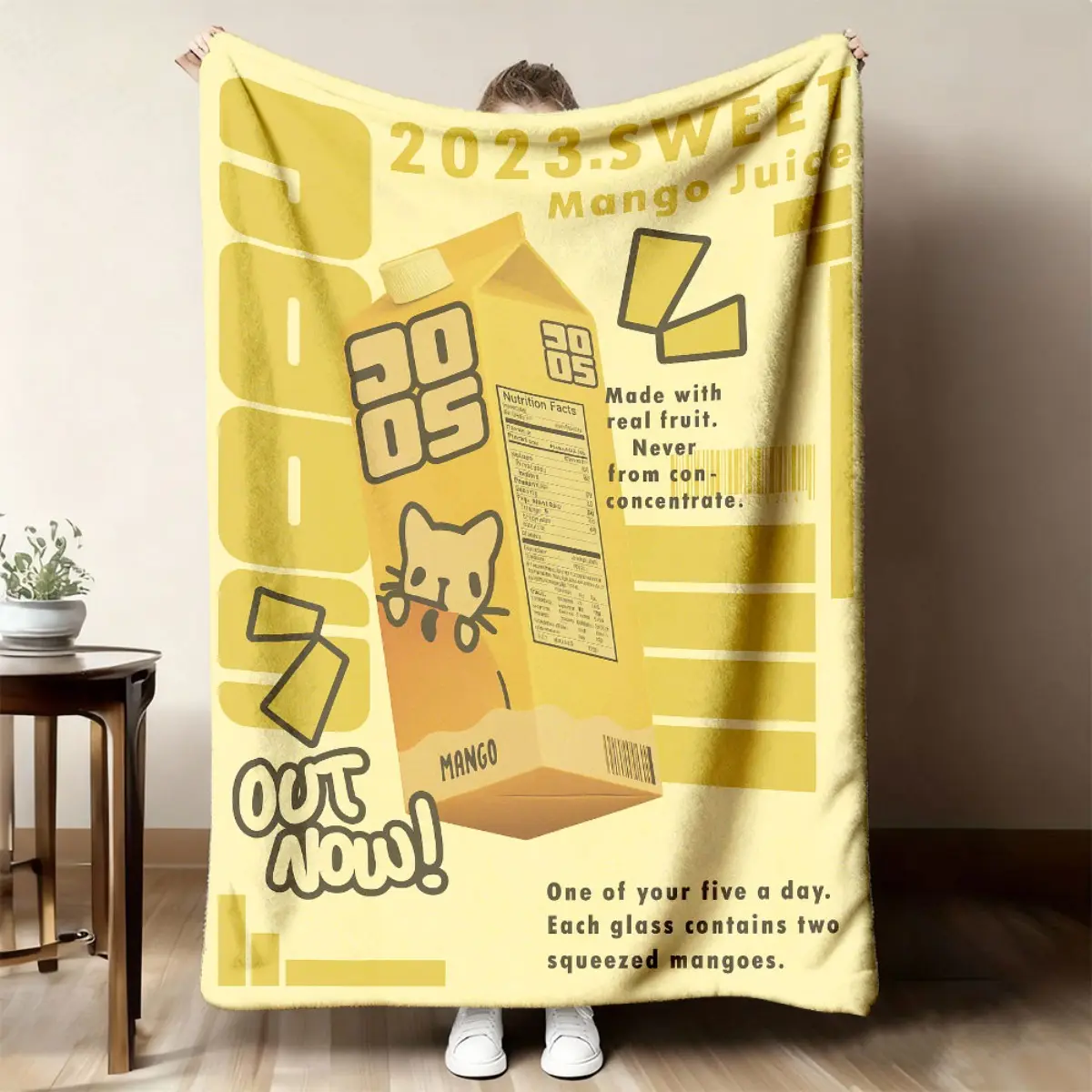 2026 New Arrival Sweet Mango Juice Flannel Blanket Suitable for - Cozy Throw with Cute Cat & Manga Design, Soft -Wrinkle Fabric, Soundwave Technology Printing Bedspread for Dorms, Gift for &, Multicolor Decor