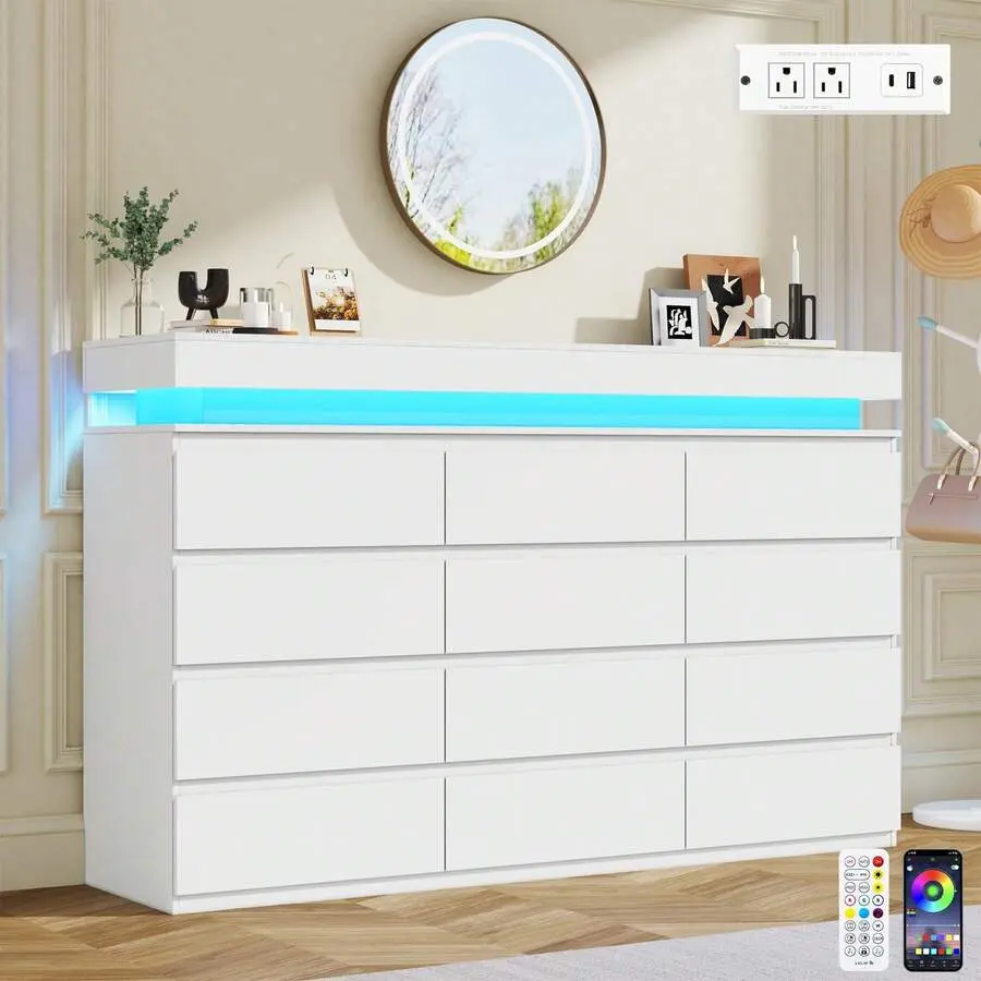 9/10/12 Drawer Dresser With USB Powered LED Light, Modern Chest Of Drawers For Closet, 63" Wide Drawer Organizer Cabinet For Bedroom, Living Room, Entryway, Hallway