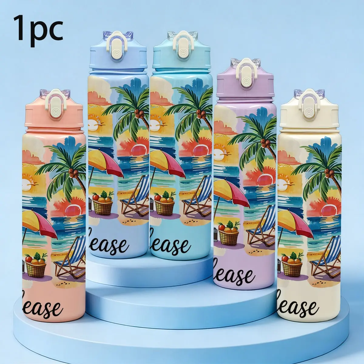 25oz Plastic Water Cup, Summer Beach Design with Palm Tree and Flamingo, Leak-Proof Lid with Straw, Reusable for Outdoor Activities
