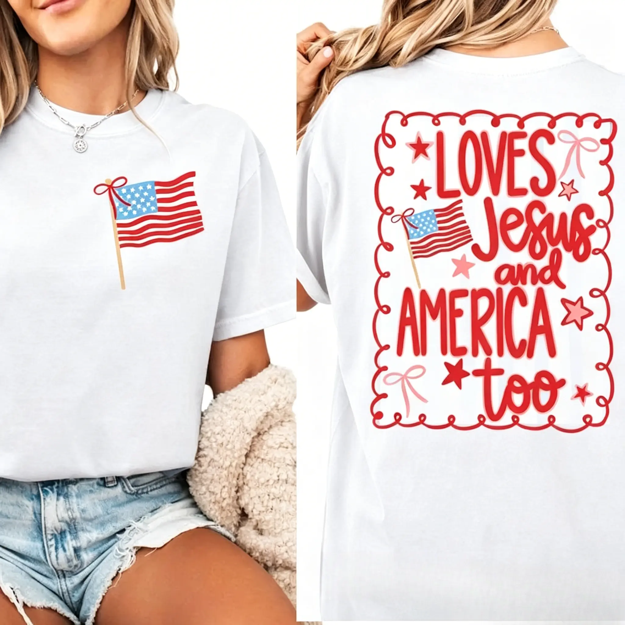 Women's Casual Cotton Fabric Short-Sleeve Digital Print Patriotic Shirt - Loves Jesus & America Too, 4th of July Coquette Bow, USA Preppy Red White Blue Domestic Garment