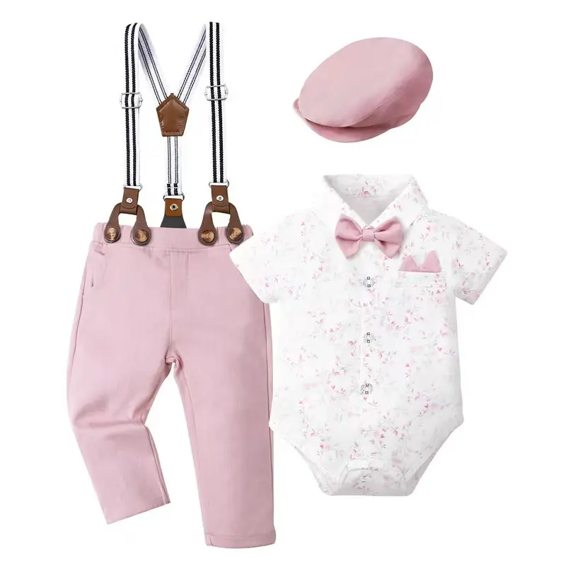 Baby's Wedding & Party Suit Set/Short Sleeve Bow Tie Outfit with Vest & Matching Shorts/Machine Washable Summer Formal Attire for Christening, Birthday, First Communion/Cute Infant Clothes