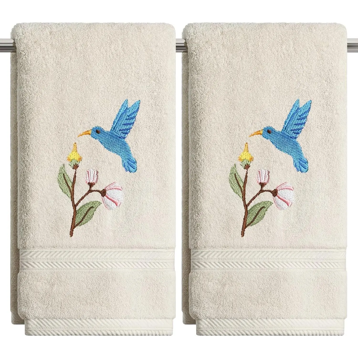 Artoid Mode 2 Pcs Beige Bird Floral Embroidered Hand Towels for Bathroom, 100% Cotton Soft Absorbent Farmhouse Decor Towels, 13.7 x 29.5 Inch
