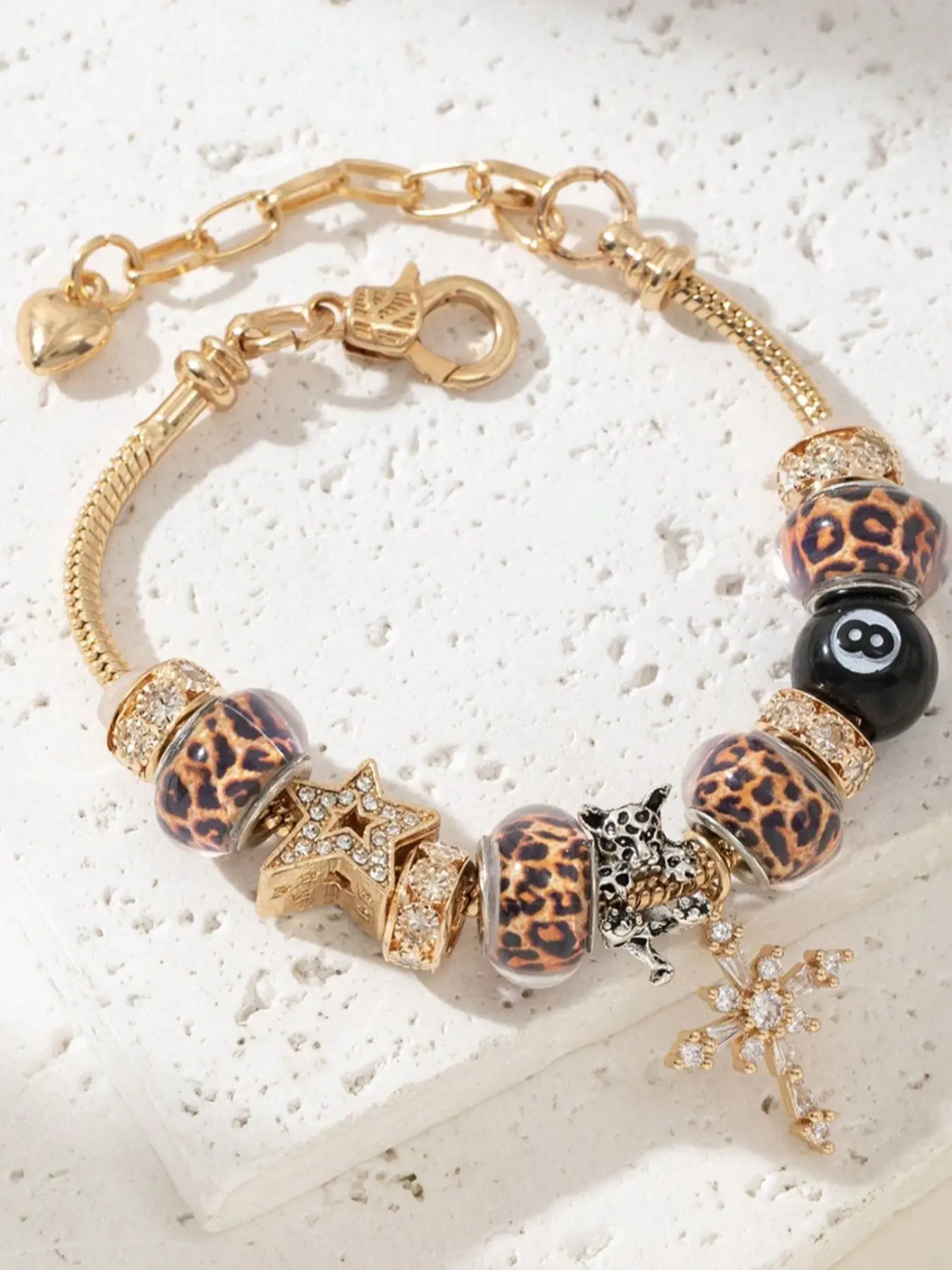 1 pc Stainless Steel Zircon Adjustable Beaded Elegant Jewelry Bracelet - Gold Star, Leopard Print, Cross & Black 8 Bead Charm Chain,Couple's Daily Wear ,Meaningful Gift Choice • Guardian-Themed Layering Accessory