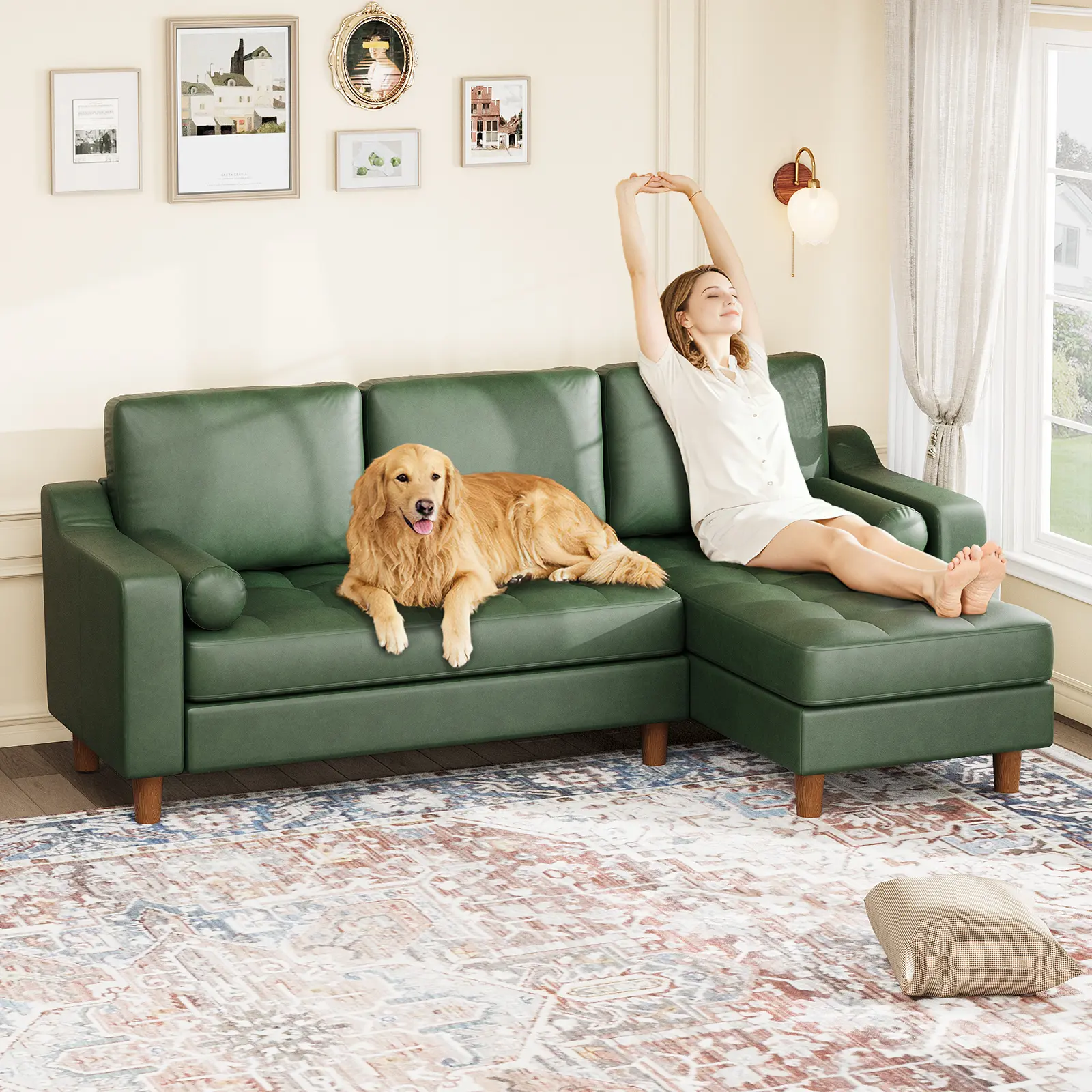 88.9" Mid-Century L-Shaped Leather Sectional Sofa with Convertible Chaise – Deep Seat 3-Seater Couch for Living Room