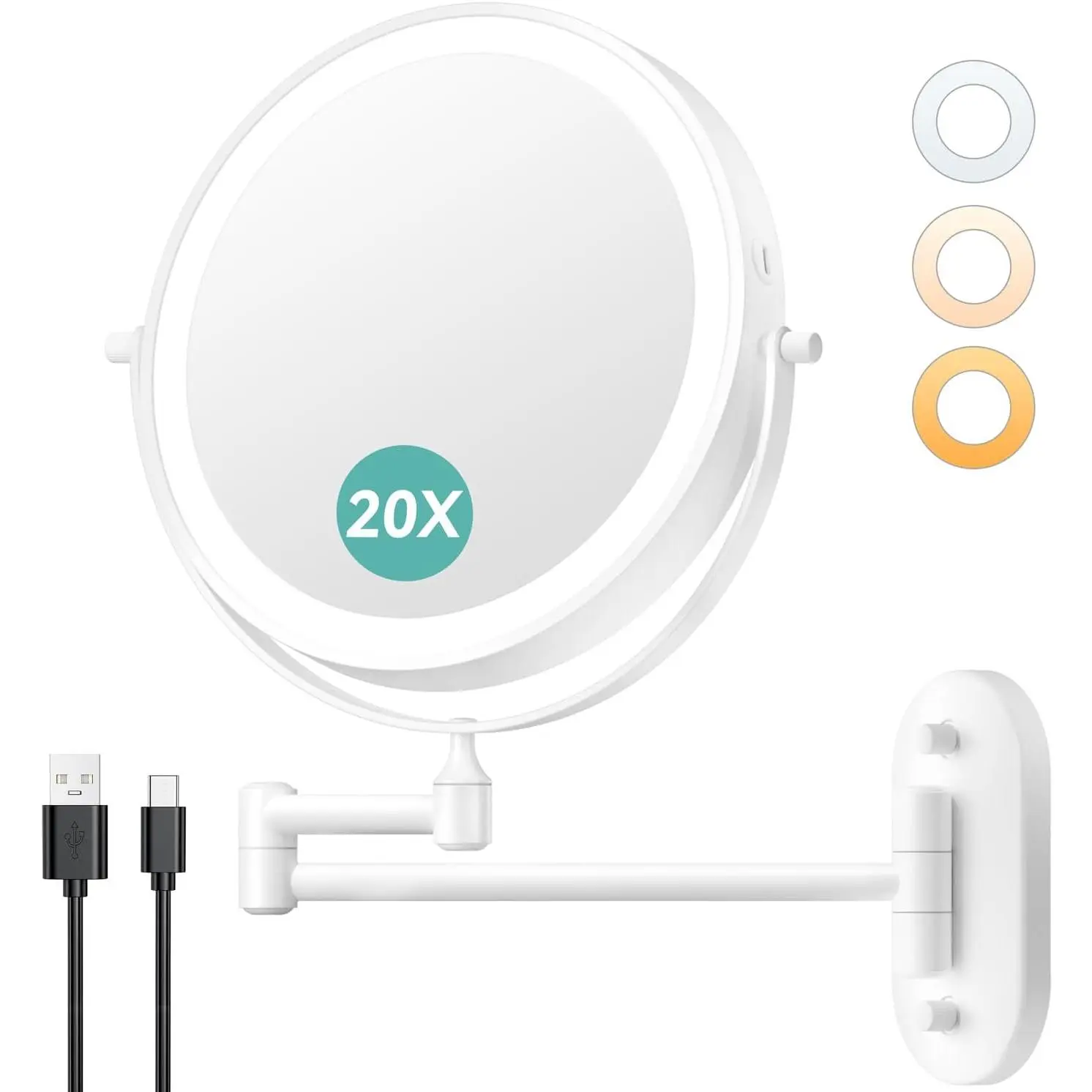 8'' Wall Mounted Makeup Mirror,1X/20X Rechargeable Magnifying Mirror |   double-sided button/ rechargeable 3200mAh/ 3 dimmable colors/ 360 °   rotation/ extended arm/ 30X magnification for bathroom