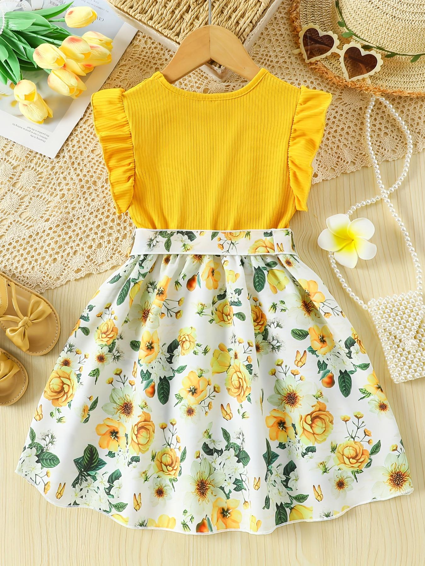 Girls' Patchwork Yellow Romantic Floral Print Dress with Belt, Elegant Princess Skirt Party and Evening Wear, Soft, Suitable