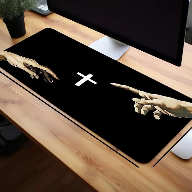 Aesthetic Vintage Rectangle-Shape Extended Mouse Pad with Creative Gesture & Cross Finger Pattern, Stitched Edge, Fall Desktop Accessory for Gaming & Work