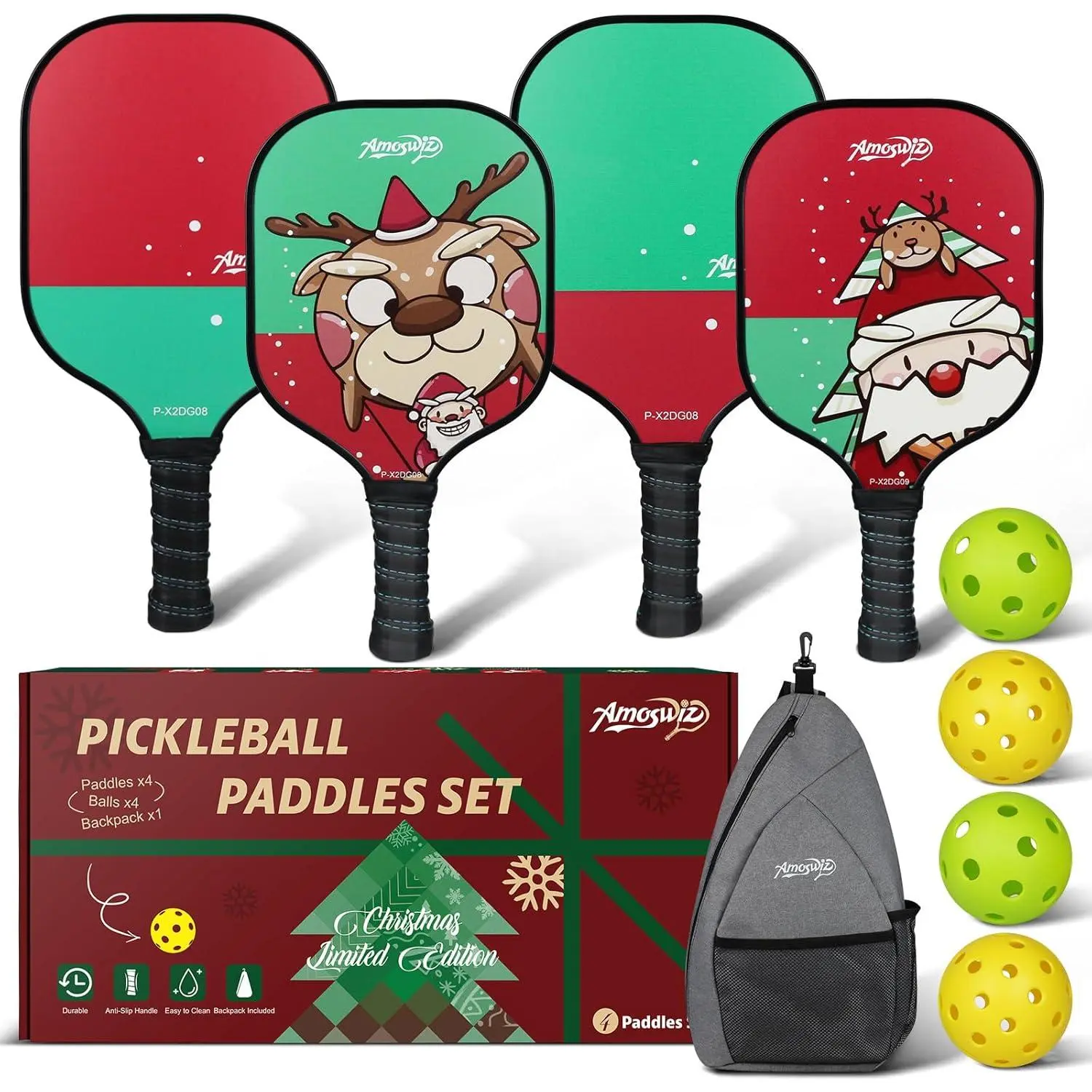 Unisex Fiberglass Pickleball Set for Beginners - 4 Paddles (2 Adult, 2 Kid), Lightweight Honeycomb Core, 4 Balls, Carry Bag, Standard Grip, Family Play Recreation Gear