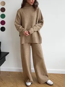 Women's 2 Pcs Solid Color Sweater Set for Autumn Winter, Long Sleeve Turtle Neck Turtleneck Drop Shoulder Pullover Sweater and Wide Leg Pants, Women's Fall Outfits, Casual Loungewear Set Womenswear