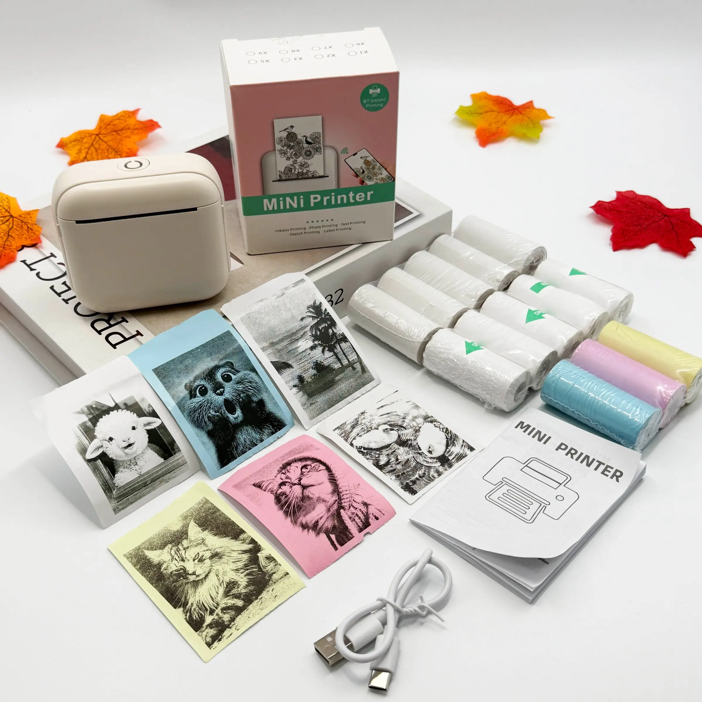 13 Rolls Printing Paper, Portable Printer Kit, Mini Compact Design, Print Text, Photos, Stickers, Practical Pocket Printer for Study, Office, Travel