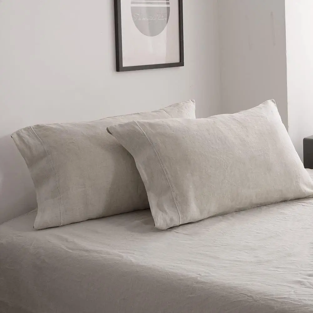 100% French Linen Pillowcase Queen Size Set of 2 - Washed Solid Color Embroidered Pillow Cases - Soft & Durable (Linen, 20''x30'')Gift