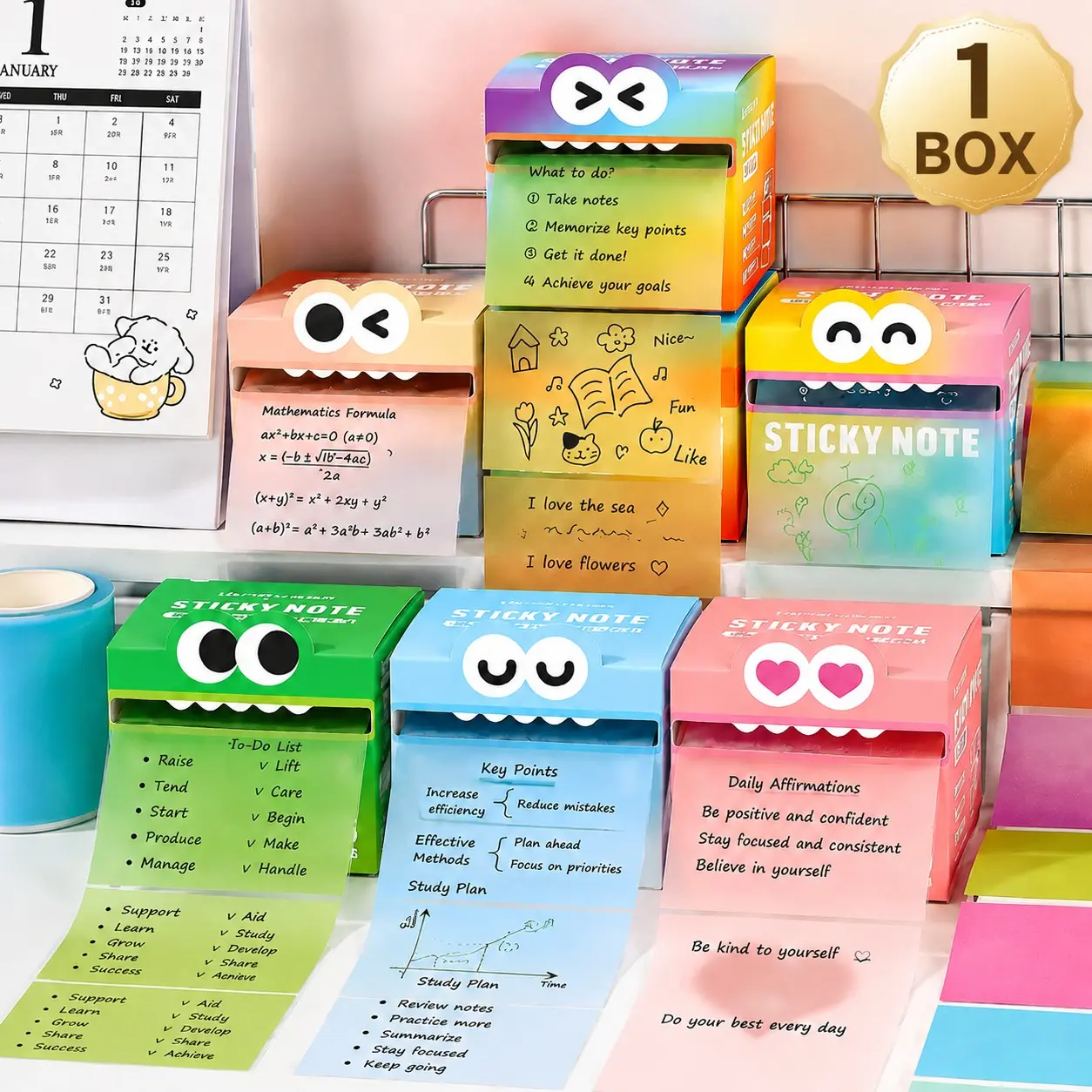 Random Color Cute Monster Pattern Sticky Notes, 105pcs/box Creative Multi-Purpose Sticky Notes, Sticky Memo Pads for Home, School and Office, Daily Use, Sticky Labels, Office Supplies