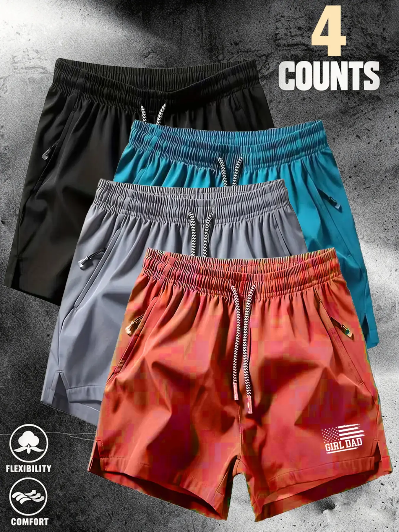 Four-Pack Men's Ice Silk Quick-Dry Shorts, Vintage Flag Print, Drawstring Waist, Zip Pockets, Outdoor Running Fitness, Casual All-Season