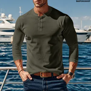 2026 New Autumn Winter Men's Solid Fleece Lined Henley Long Sleeve Pullover, Elastic Stretch Thermal Base Layer Top, Soft Warm Button Placket Casual Shirt for Sports Outdoor Daily Layering Wear