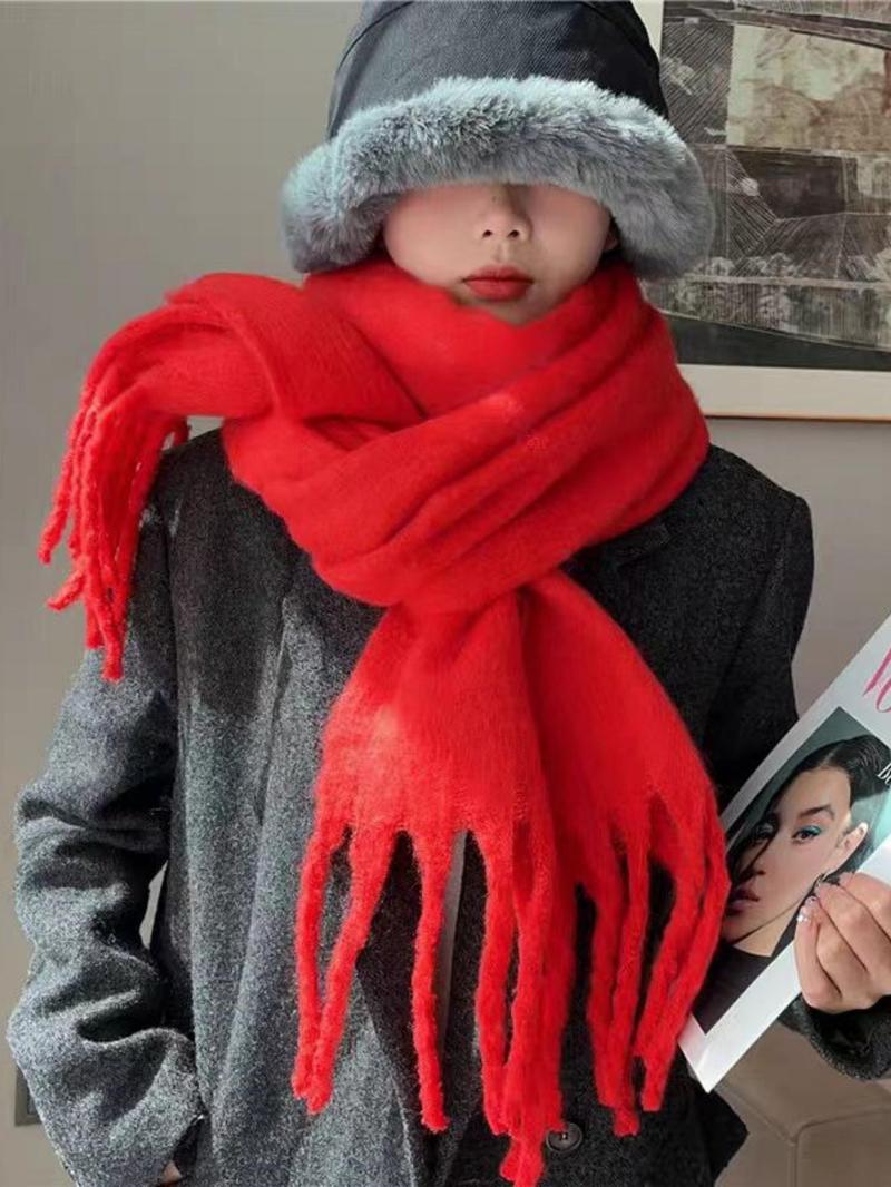 Solid Color Tassel Decor Fluffy Soft Scarf, Elegant Thickened Shawl for Women & Men, Fashion Accessories for Fall & Winter