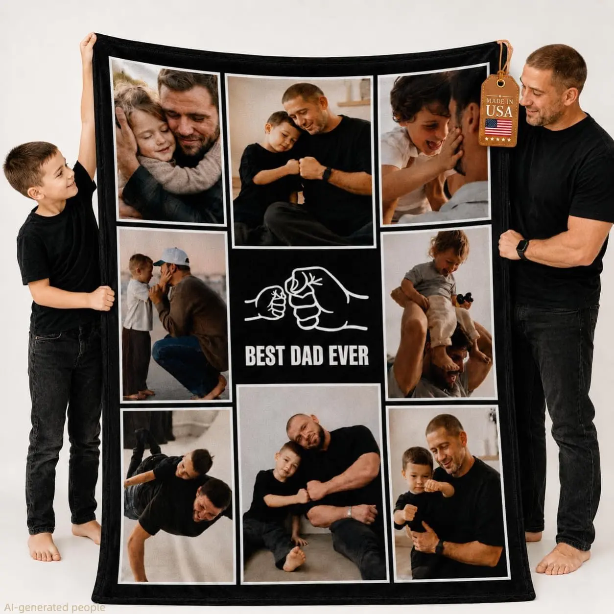 Customized "BEST DAD EVER" Photo Blanket - 9-Grid Fist Bump Design Flannel Throw, Wrinkle-Resistant, Fade-Resistant, Durable, Heartfelt Father's Day Gift for Kids, Soft Cozy Bed Couch Sofa Blanket
