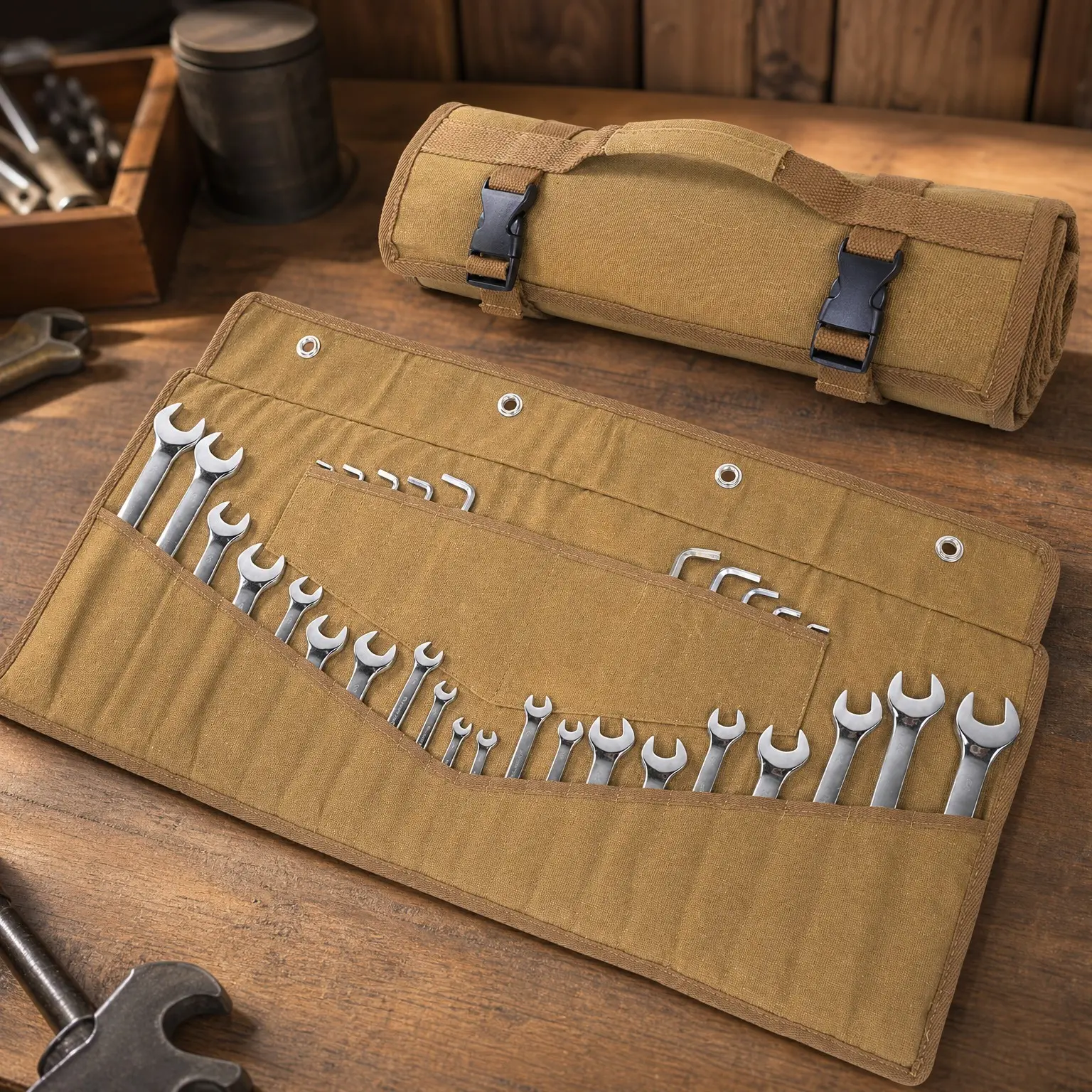 30-Pocket Heavy-Duty Waxed Canvas Wrench Roll Organizer Bag, 16 oz, Metric & SAE Wrench Pouch with Buckles and Handle, KhakiGift