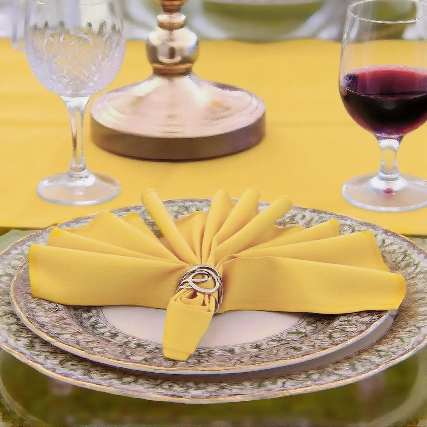 Square Yellow Tableware Cloth Napkins, Washable Reusable 4-Piece Set, 17x17 in 210GSM Heavy-Duty Solid Hemmed Edge for Dinner, Wedding Everyday Use