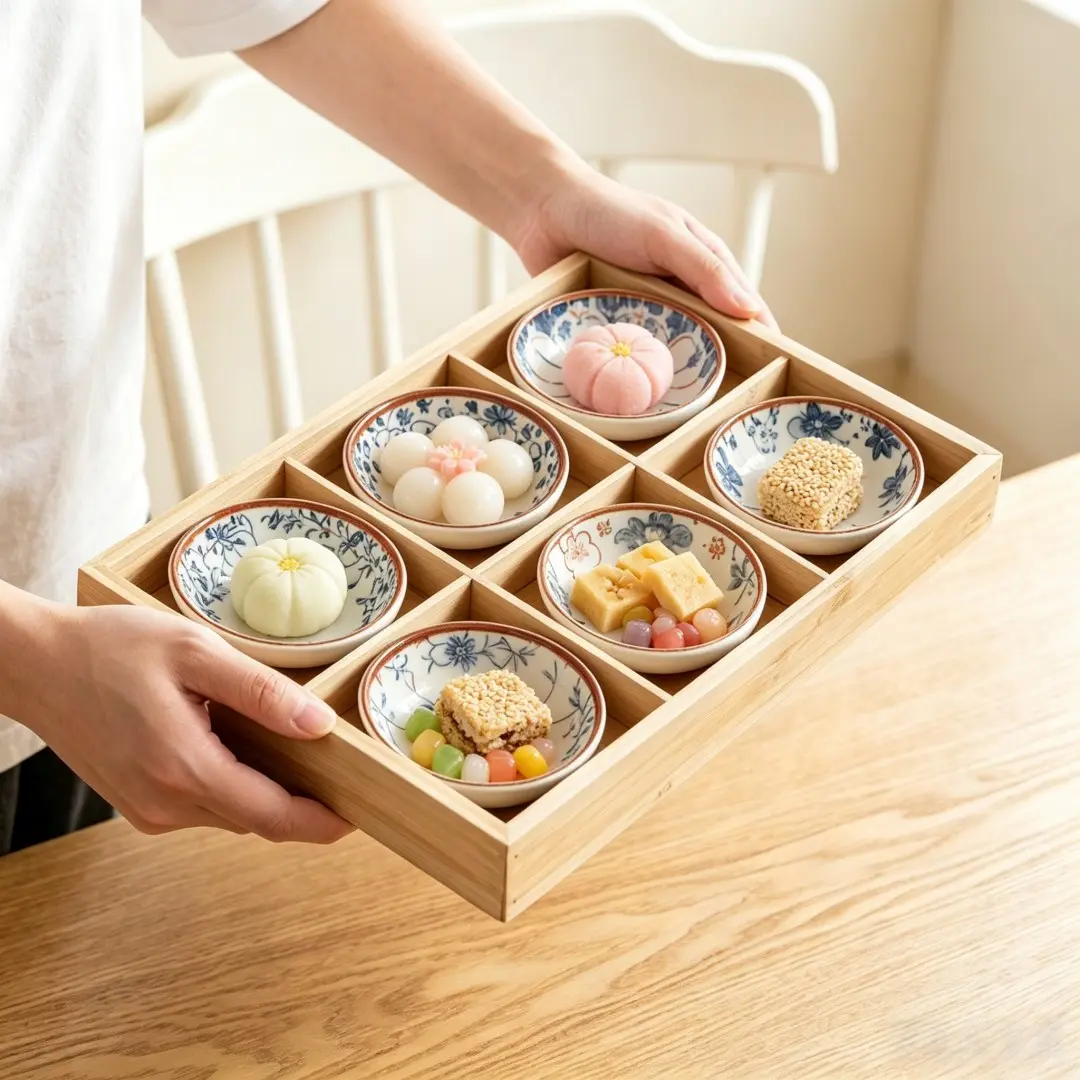 6 Piece Aesthetic Snack Trays Set with Wooden Divider, Multi-Functional Rectangular Plates Tray for Fruits, Dry Fruits, Tea, Ideal for Parties, Weddings, Teahouse Tableware