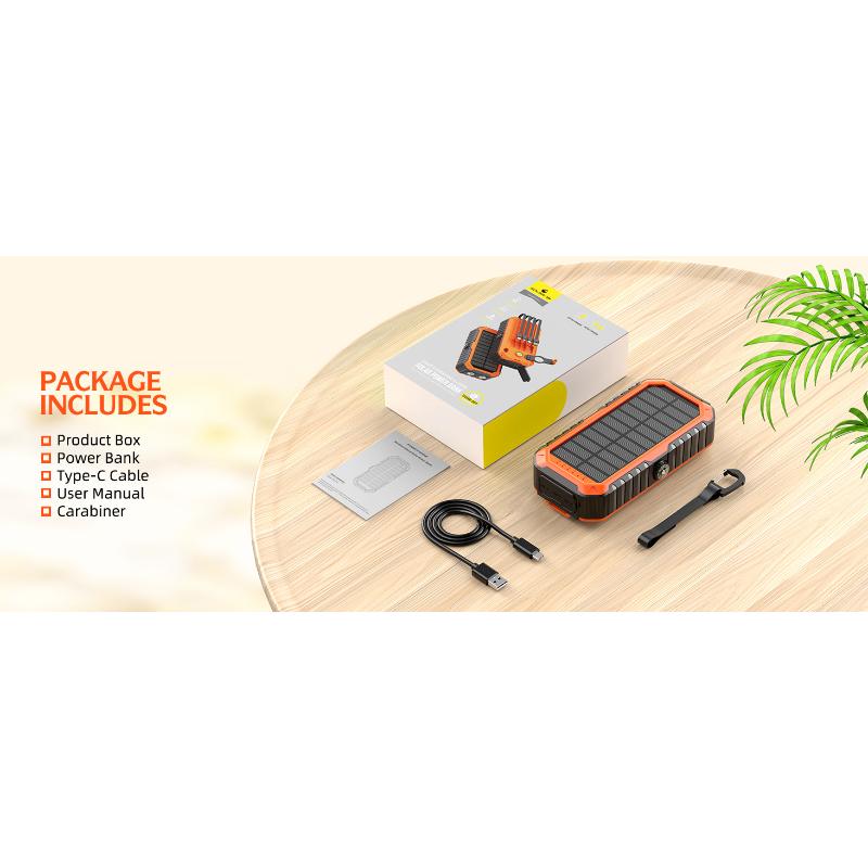 Solar Charger Power Bank 40000mAh Built in 4 Cables and Hand Crank, Portable Charger 22.5W Fast Charger 6 Outputs & 4 Inputs External Battery Pack with Bright Flashlight and Compass