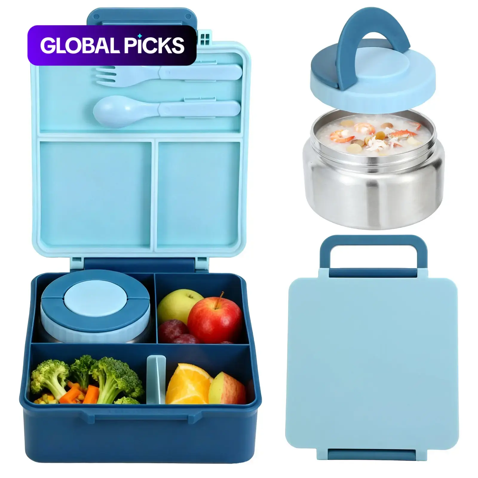 Leakproof Airtight Bento Lunch Box with Handle and Lid, 4 Compartment Food Container, 8oz Insulated Soup Thermos, Ideal for Work or Travel