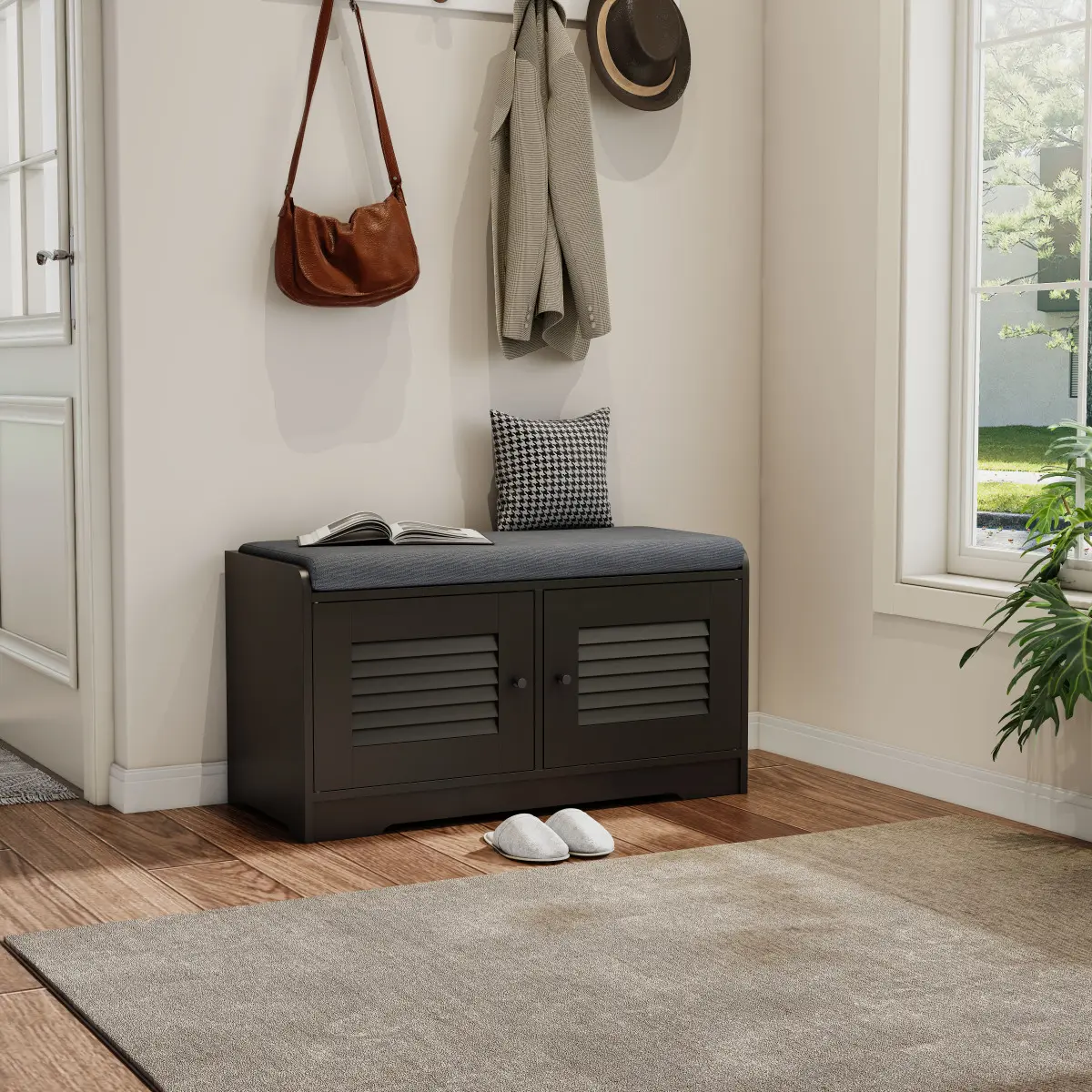 28.74"Shoe Storage Bench with 2 Door Cabinet, Entryway Bench with Black Shoe Storage, Shoe Bench with Cushion, Adjustable Shelves, Shoe Rack Bench for Entryway, Hallway