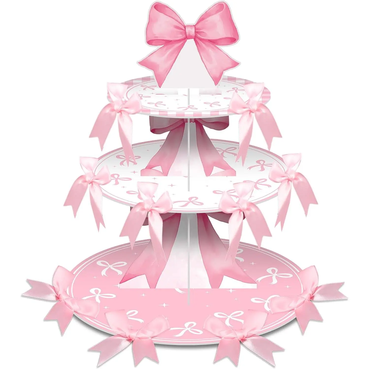 Large Size Cardboard 3-Tier Cupcake Stand - Colorful Modern Bow Theme Dessert Tower Holder with 20 Bowknots, Home & Party Decor Supply for Birthday Parties, Girls' Events