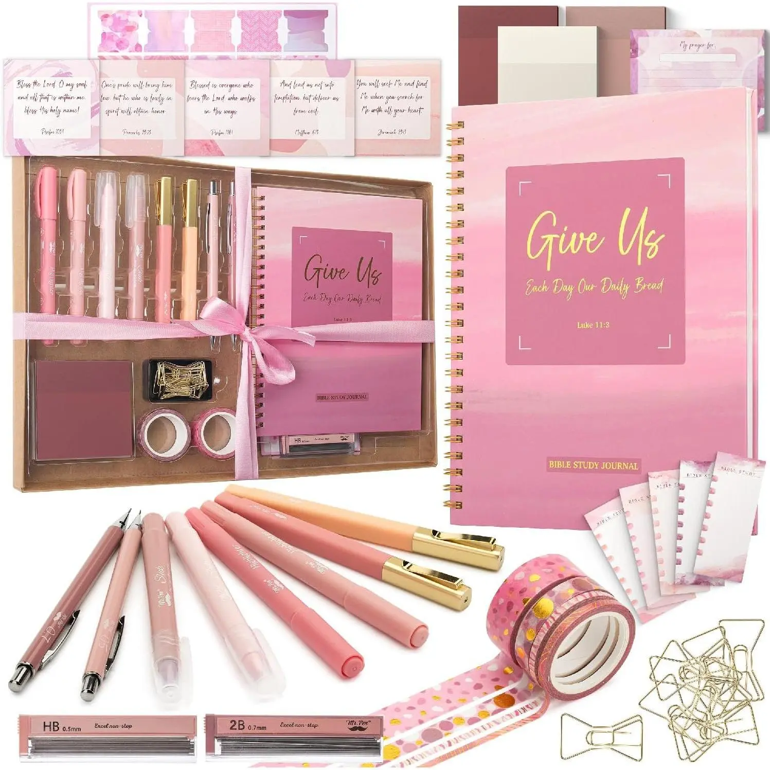 Women's Scripture-Inspired Journaling Kit - Office Stationery with No-Bleed Highlighters, Notes, Tabs, Washi Tape, Journal, Paper Clips for Devotions, Prayer Gifts