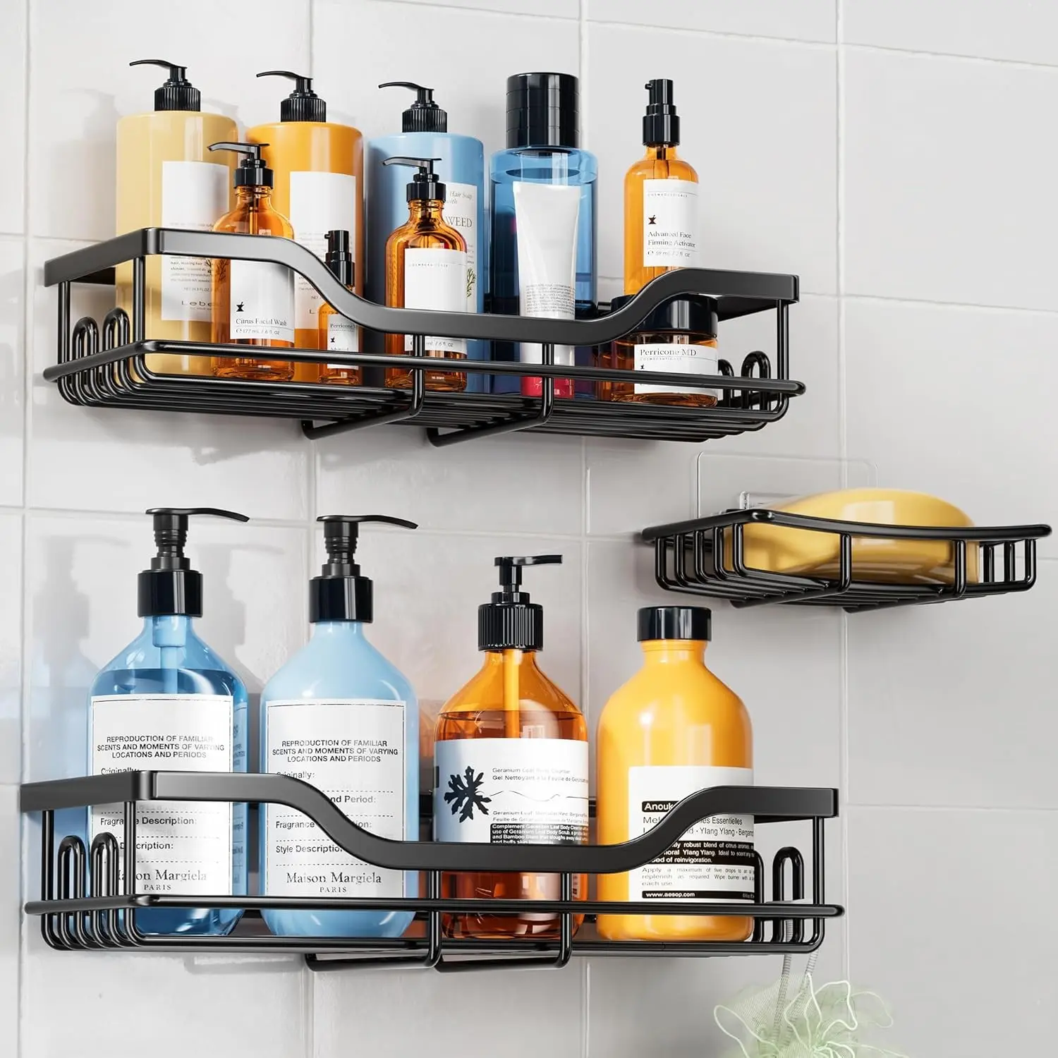 OMAIRA 3-Pack X-Large Black Shower Caddy with Soap Holder, Adhesive Rustproof No-Drill Sturdy Shower Organizer Shelves, Bathroom Storage Rack for Smooth Wall Glass Tile