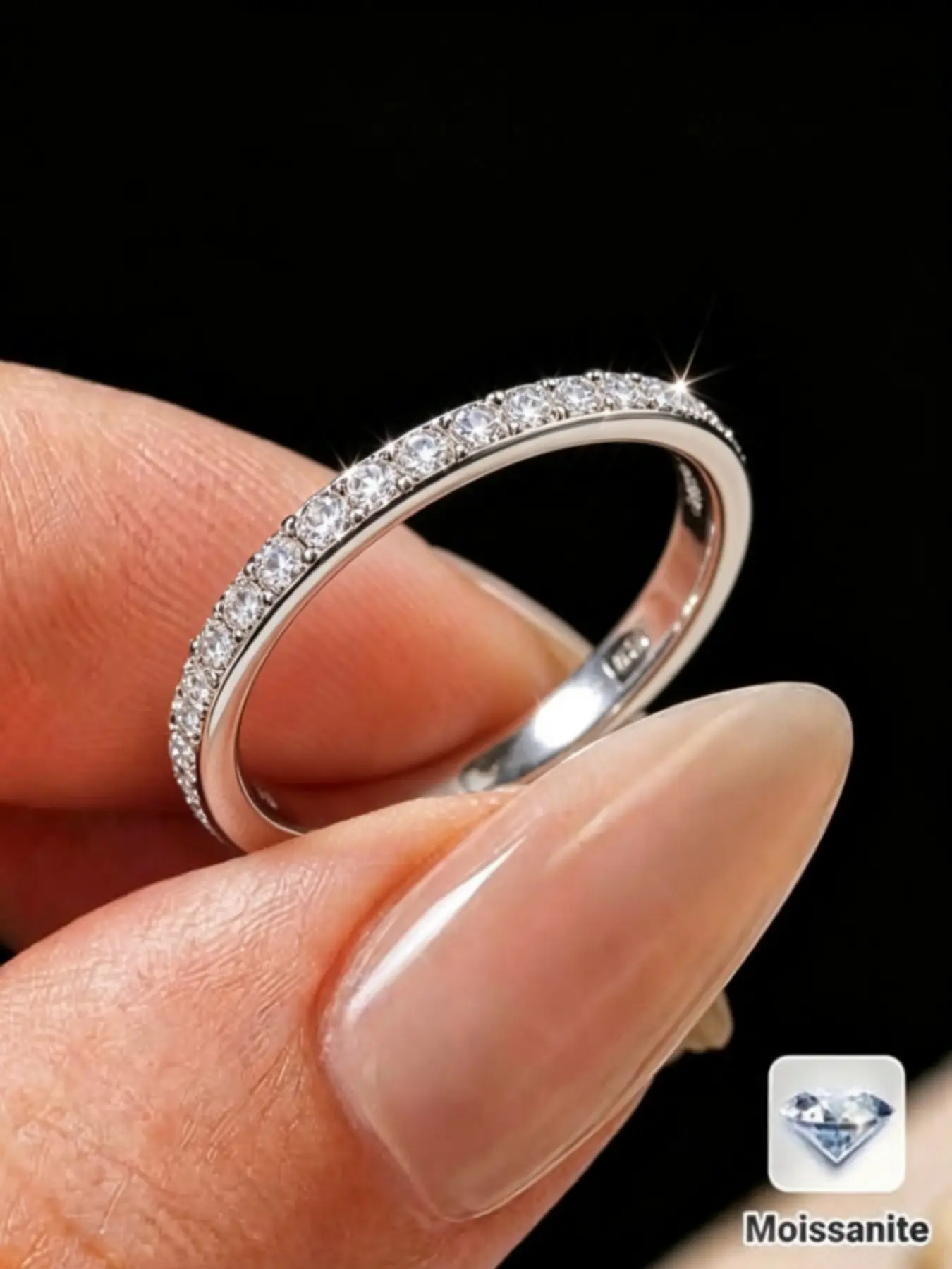 All Moissanite Ring, Stackable Single Band, Minimalist Style, Wedding Engagement Ring, Holiday Party Jewelry, Silver Color, Sliver Material