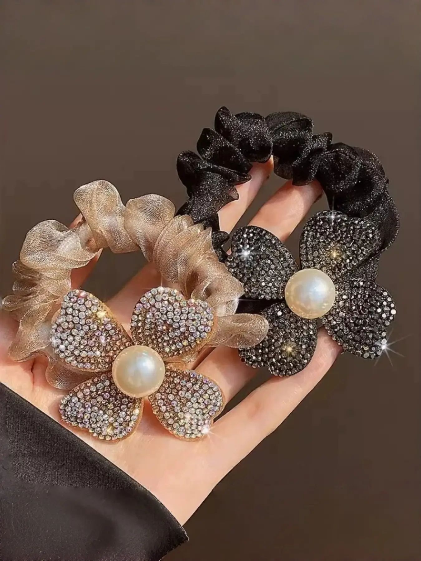2Pcs Rhinestone Pearl Organza Flower Scrunchies, 2 Colors Shiny Crystal Four Petal Flower Design, Elegant Luxury Fashion Style, Soft High Elastic Fabric Elastic Hair Bands, Fashionable Hair Accessories For Women Girls Sport Workout Wedding Party Daily Pon