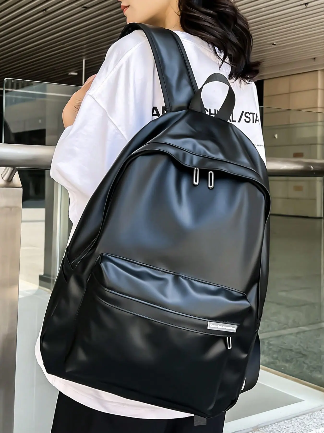 Minimalist Matte Black Soft PU Leather Backpack, Large Capacity Water Resistant Lightweight Laptop Backpack Casual Daily for Women Men Students,Trendy Ins Style Daypack Casual School Travel Rucksack Unisex