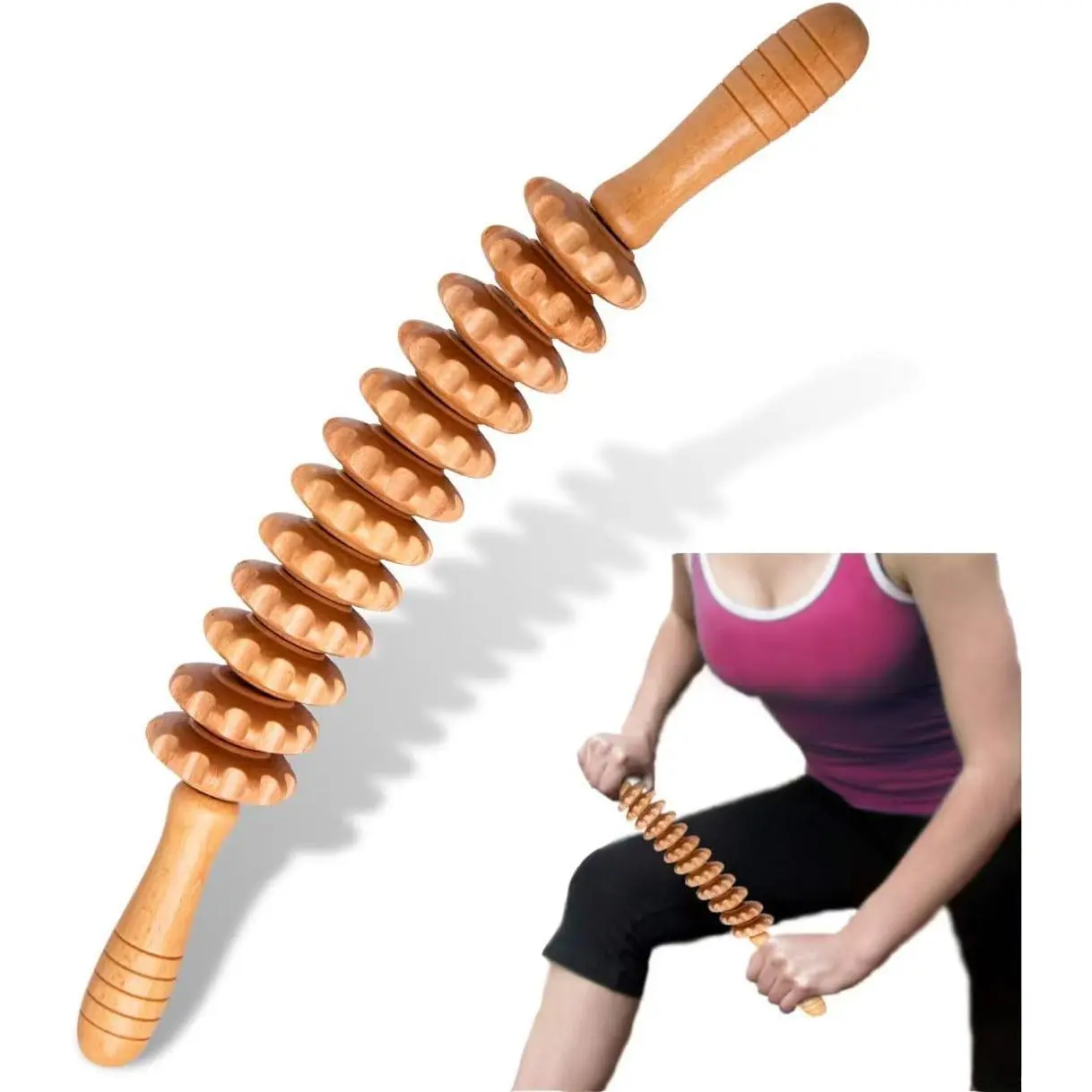 Curved Wood Therapy Massage Roller Tools,Lymphatic Drainage, Cellulite Massage & Wooden Muscle Roller Stick Waist and Thigh, Stomach Rolling Massager Tool (with White Box)