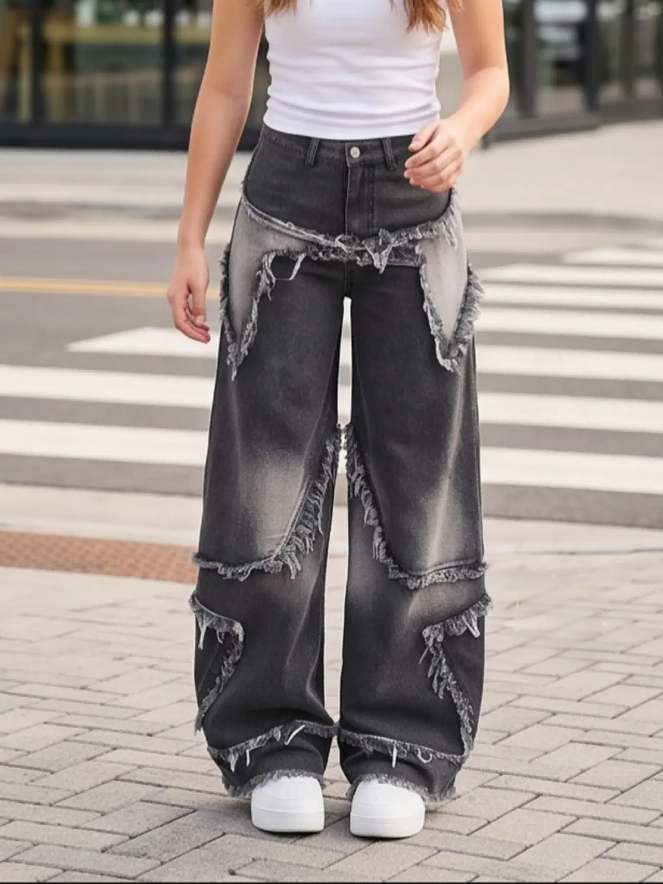 Millennial Style Women Ripped Edge Patchwork Jeans, Vintage Distressed High Waist Casual Wide Leg Pants, Trendy Denim Long Trousers