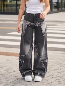 Millennial Style Ripped Edge Patchwork Jeans, Vintage Distressed High Waist Casual Wide Leg Pants, Trendy Denim Long Trousers