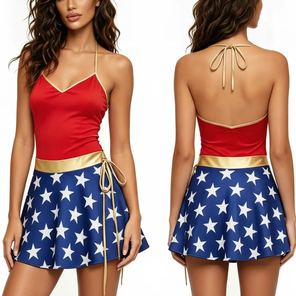 Women Hero Costumes, Star Print Halter Neck Sleeveless Mini Dress and Gold Headband Set of 2 for Halloween Cosplay Party