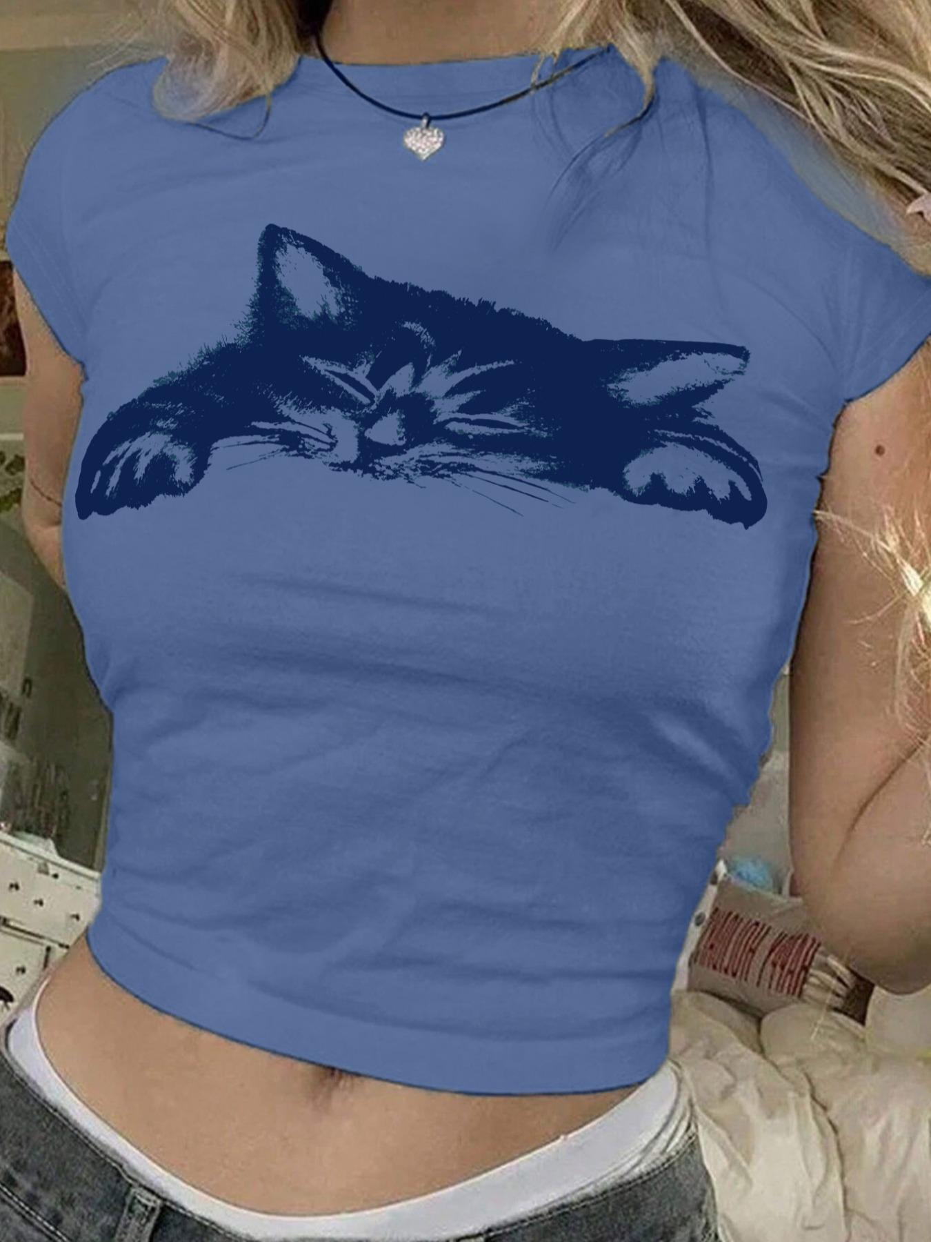 Women's Cat Print Round Neck Tee, Casual Slim-fitting Short Sleeve T-shirt for Daily Wear, Ladies Clothes for All Seasons, Casual Breathable Top