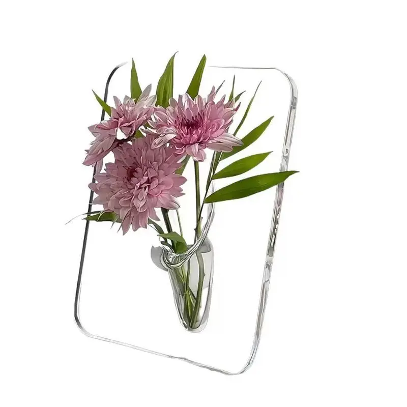 Modern Transparent Acrylic Textured Vase Heavy-Duty Rectangular Flower Container Frame Design Home Office Modern Design Decorative Piece Minimalist Style Desktop Decoration Compatible With Artificial/Real Flowers