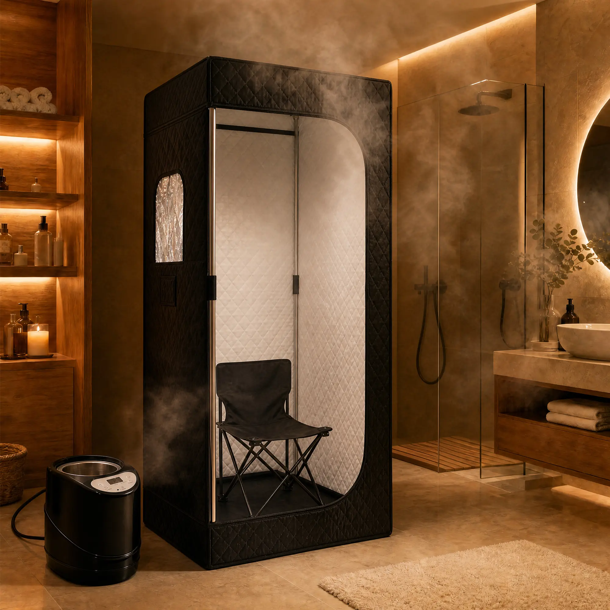 Single Size Portable Enclosed Sauna Tent for Home Spa Relaxation - Personal Indoor Unit with 9-Level Steamer, Remote Control, Folding Chair - Black