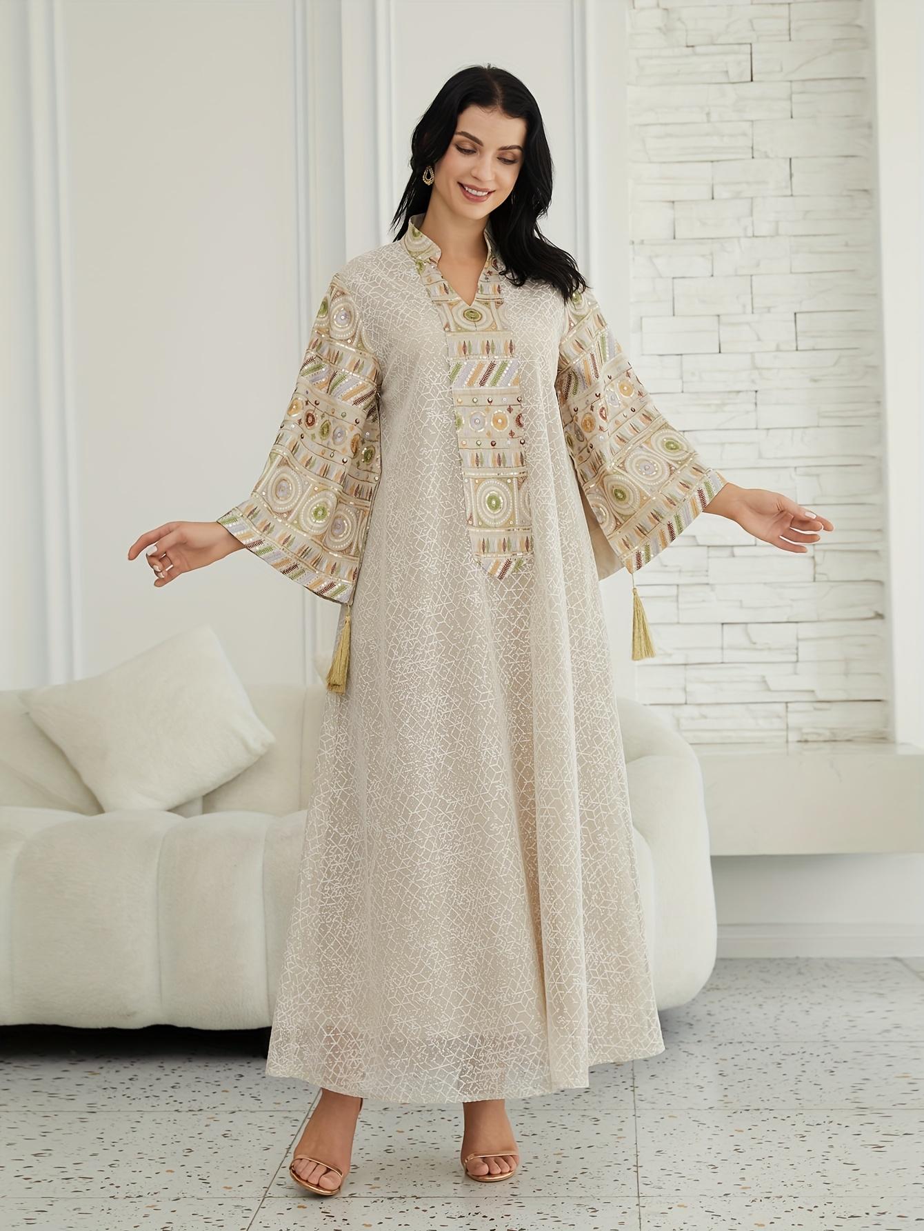 Directional Stock Middle Eastern Women'S Ramadan New Traditional Style Fashion Elegant Sequin Mesh Dress Jalabiya Evening Gown, Abayas Women'S Robe Kaftan Gown, Suitable for Festive Occasions And Parties