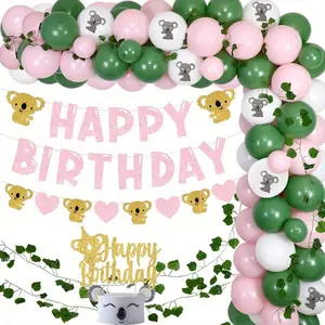 1Set Koala Theme Birthday Balloon Garland Kit Avocado Green Pink for Girl with Koala Happy Bday Banner Garland Cake Topper Artificial Grape Leaf Vines for Koala Jungle Animal Party Supplies Gender Reveal