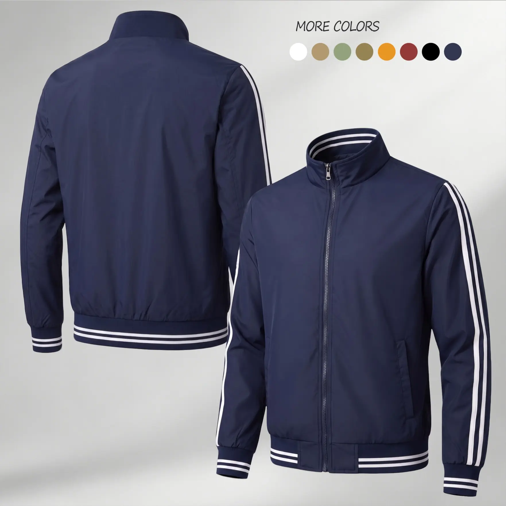 Men's Lightweight Thin Fabric Bomber Jacket, Casual Streetwear Pilot Outerwear with Sleeve Stripes, Ribbed Trim & Full Zipper
