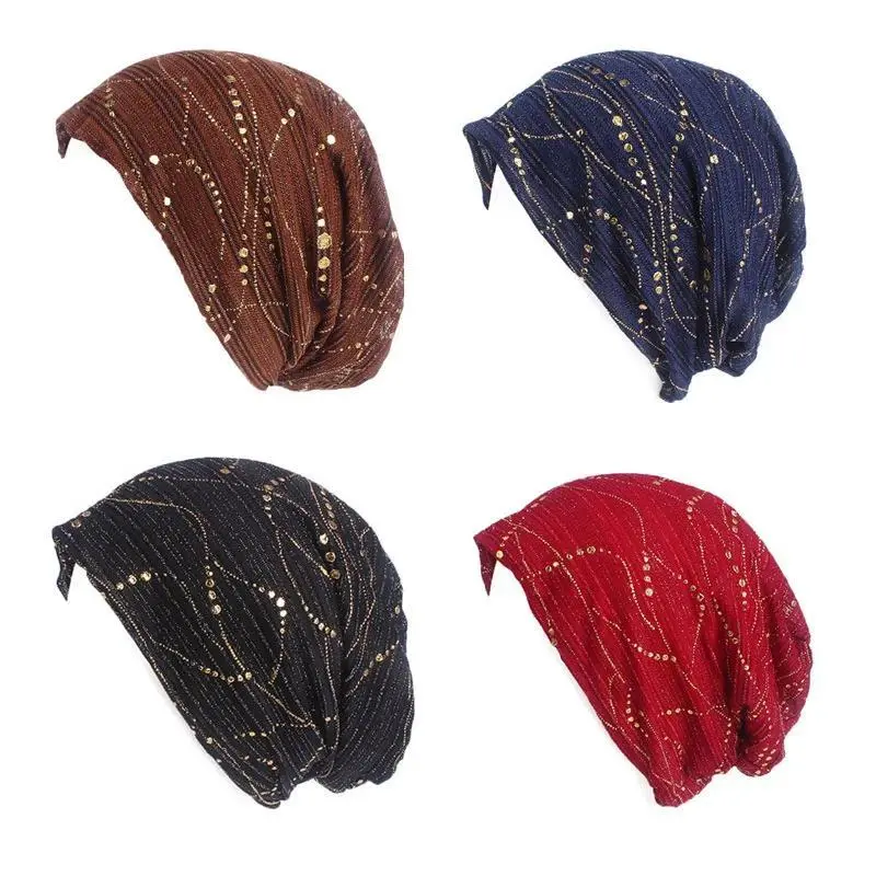 Spring/Summer Light Bright Thin Strip Decoration Double Fabric Breathable  Skullies & Beanies  Spring  Muslim BeaniesHat