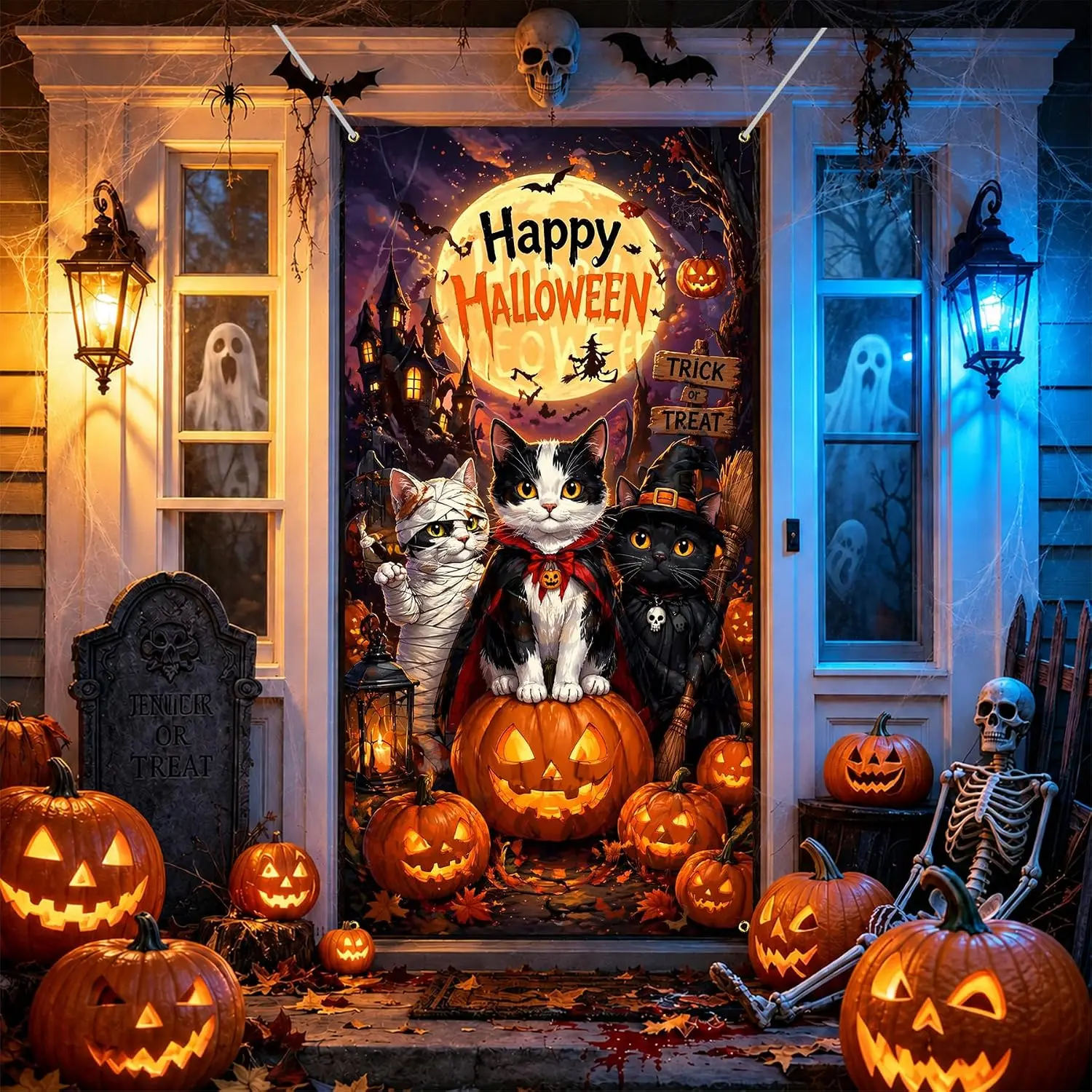 Spooky Bloody Hand Pumpkin Halloween Door Cover Banner - Photo Backdrop, Wall Decor for Halloween Party, Haunted House Home Supplies