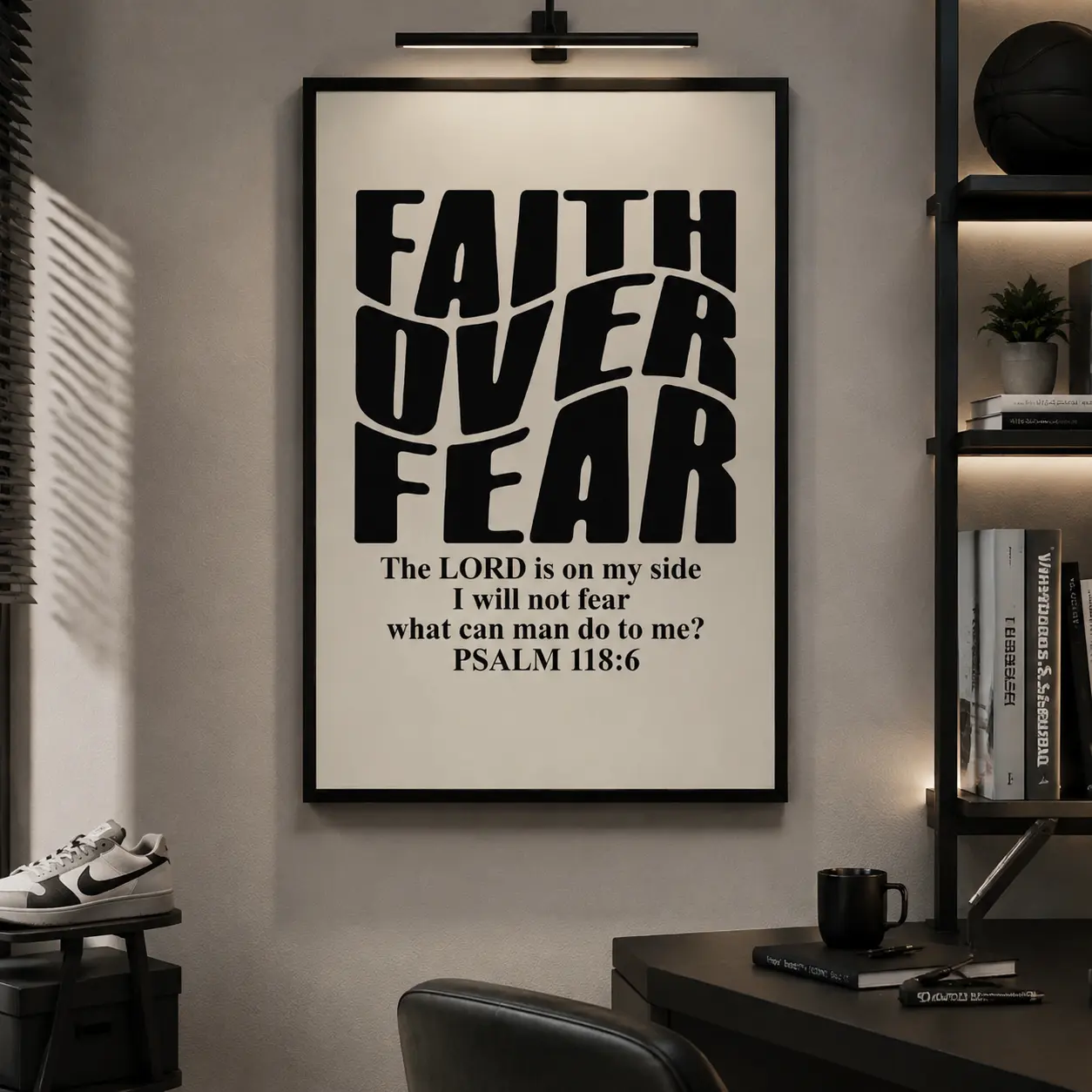 Faith Over Fear Christian Canvas Poster, Retro Bible Verse Scripture Wall Art Print, Inspirational Psalm Faith Decor for Bedroom Living Room Prayer Room, Religious Gift