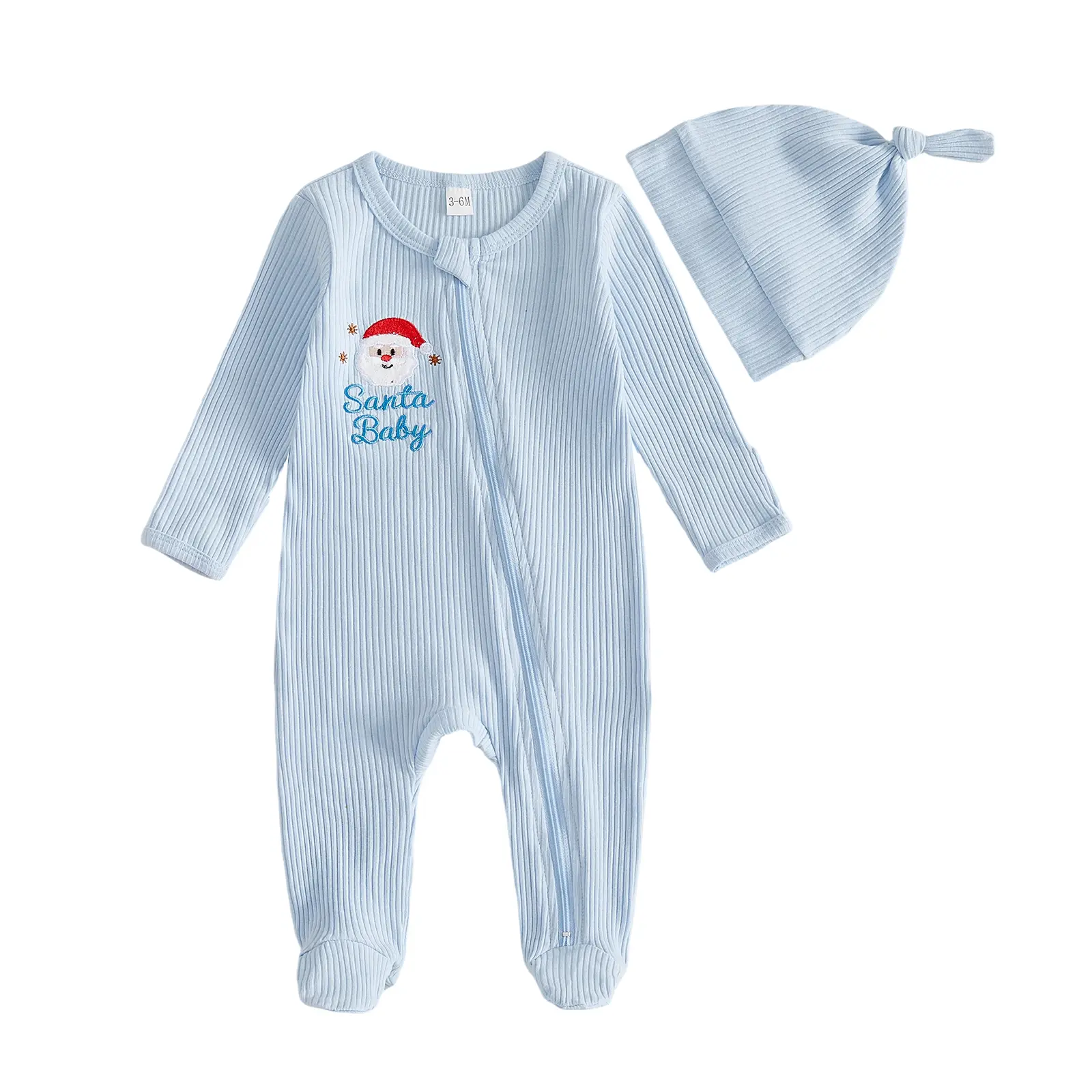 Canrulo Newborn Baby Boy Winter Christmas Footed Romper Gingerbread Man/santa Embroidery Long Sleeve Bodysuit Hat 0-12M