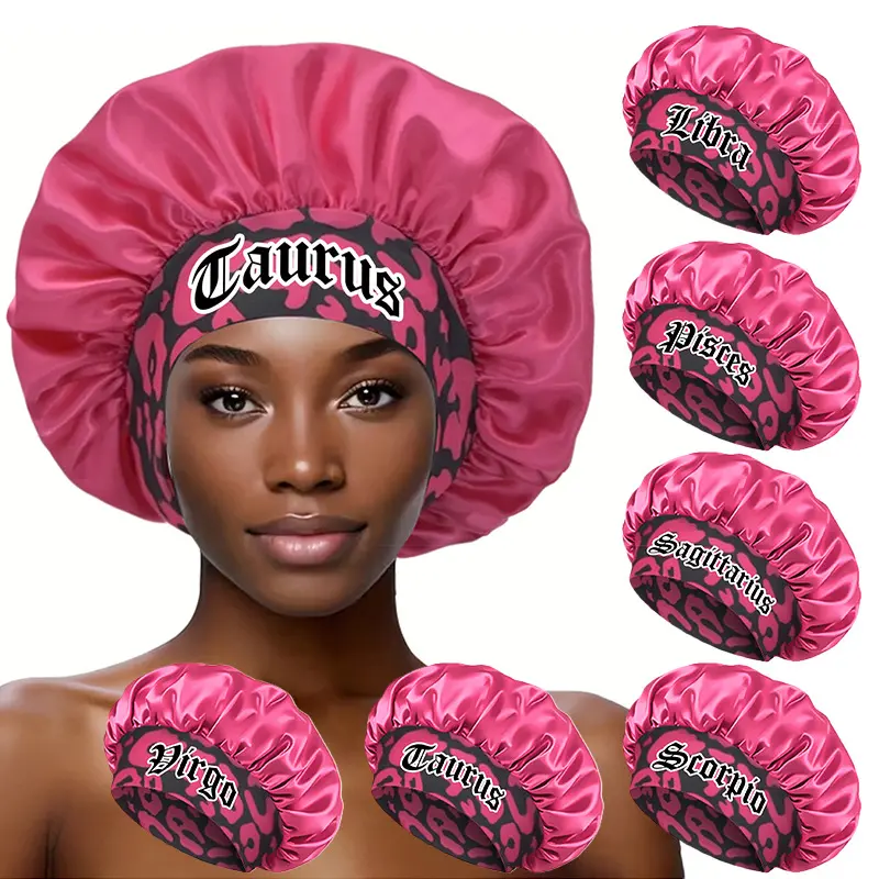 Satin Bonnet for Women with Zodiac and Leopard Prints, Wide Band Sleep Cap for Natural Hair Care, Edge Protection, and Curls, Zodiac Prints, Rose Leopard - Aries, Sleeping Bonnet, Overnight Styling Tool