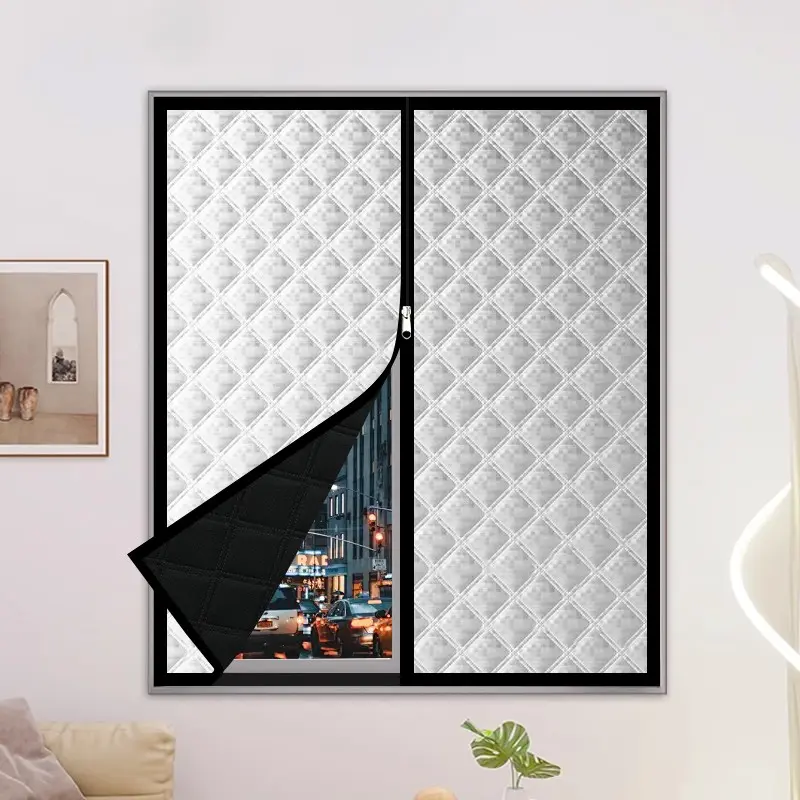 Winter Thickened Thermal Zipper Curtain, Silver Rhombus Aluminum Foil Insulated Blackout Window Cover, Self-Adhesive No Drill, Windproof and Waterproof, for Bedroom Living Room