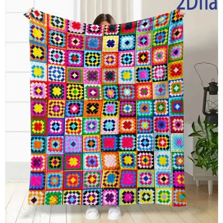 Colorful Granny Square Patchwork Flannel Blanket, Retro Boho Geometric Quilt Pattern Throw Blanket, Bohemian Home Decor Blanket