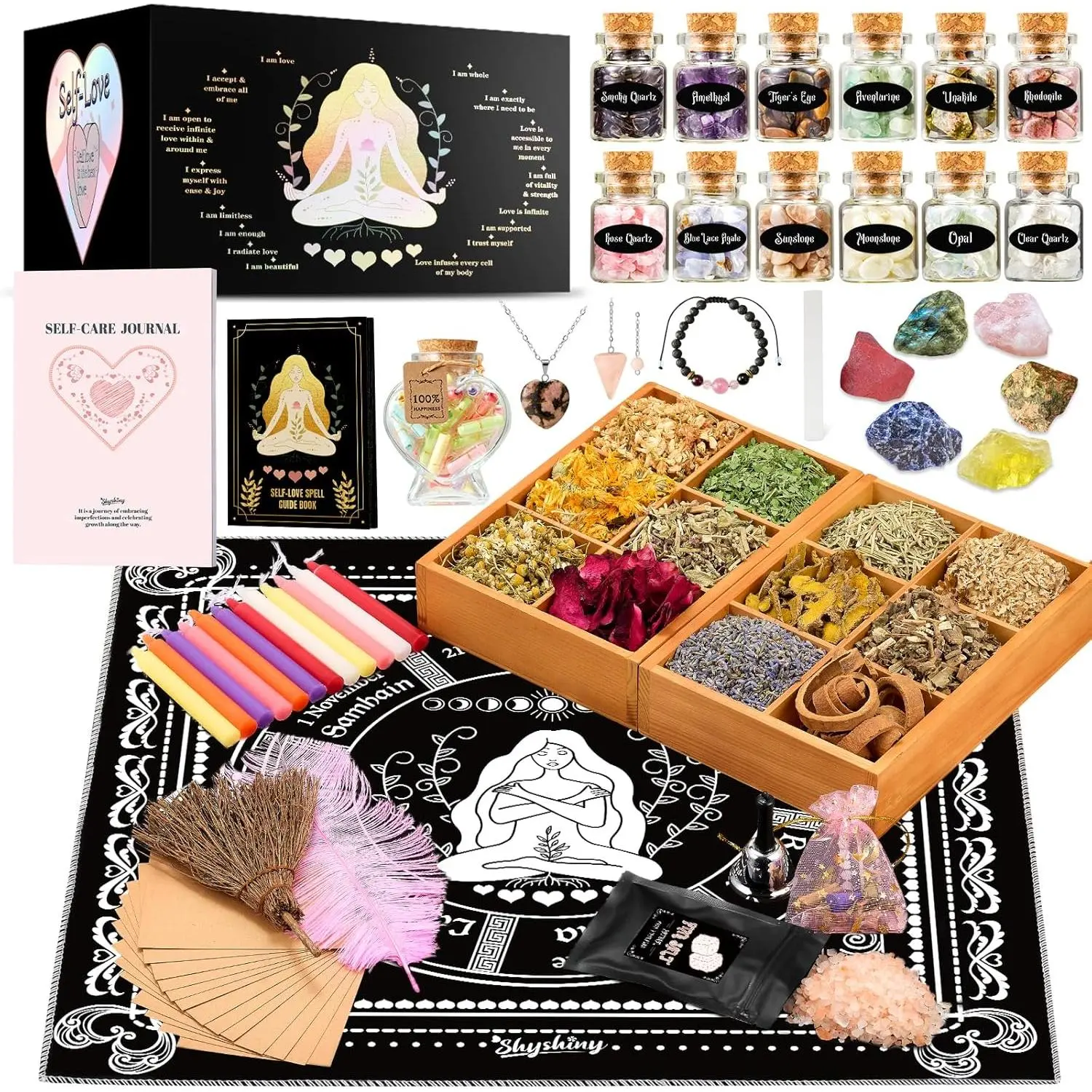 Self-Love Witchcraft Supplies Kit, 75Pack Wiccan Supplies and Tools with 30+ Positive Messages Capsule Bottle, Self-Love Spell Kit with Self-Care Journal Workbook Witchy Gifts for Women